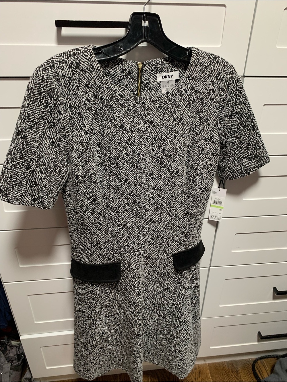Dkny Black & White Textured Tweed Pocket Dress